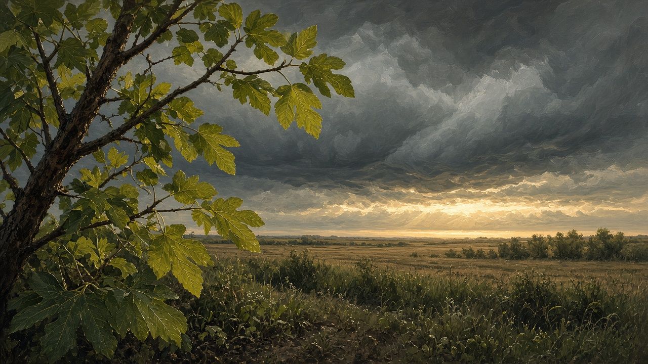 A fig tree in fresh leaf beside a field, with dark storm clouds overhead and a band of bright light on the horizon