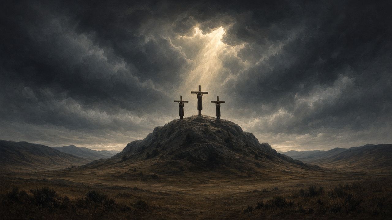Three crosses seen from far away on a bare hill under a dark, stormy sky, with a shaft of light falling on the centre cross; the figures are small, robed silhouettes with no faces visible