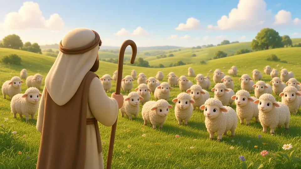 A gentle shepherd, seen from behind, looks over his flock of sheep in a green meadow.