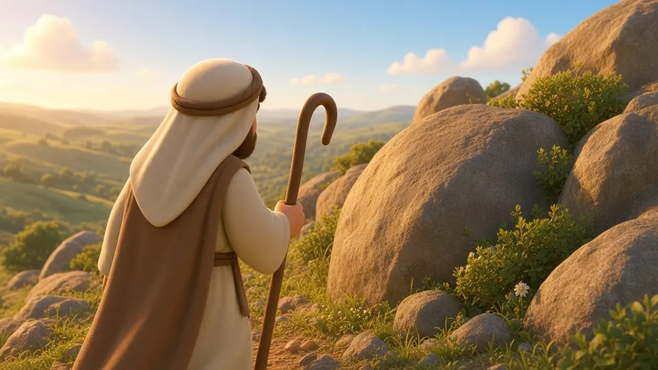 The shepherd climbs over rocky hills, searching between the big rocks.