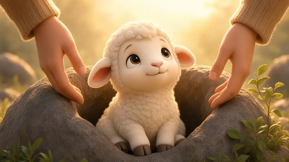 A little lamb looks up happily as two kind hands reach down to lift it.