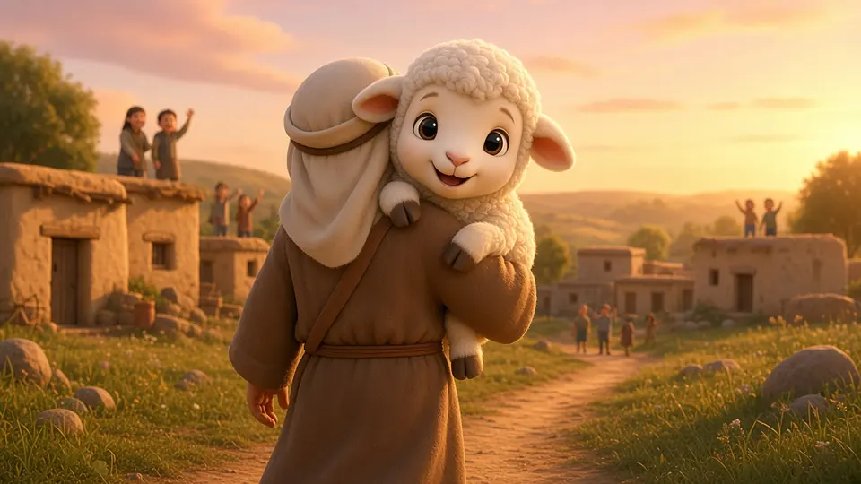 The shepherd walks home carrying the little lamb on his shoulders while friends wave.