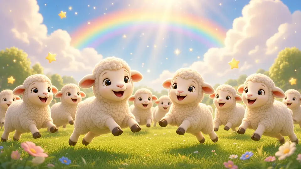 Golden light and a rainbow shine over a meadow where the sheep leap for joy.