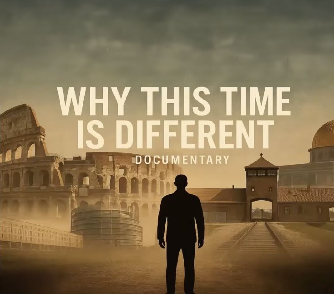 Poster for Why Is This Time Different?, showing the Colosseum, a death camp gate and the Dome of the Rock